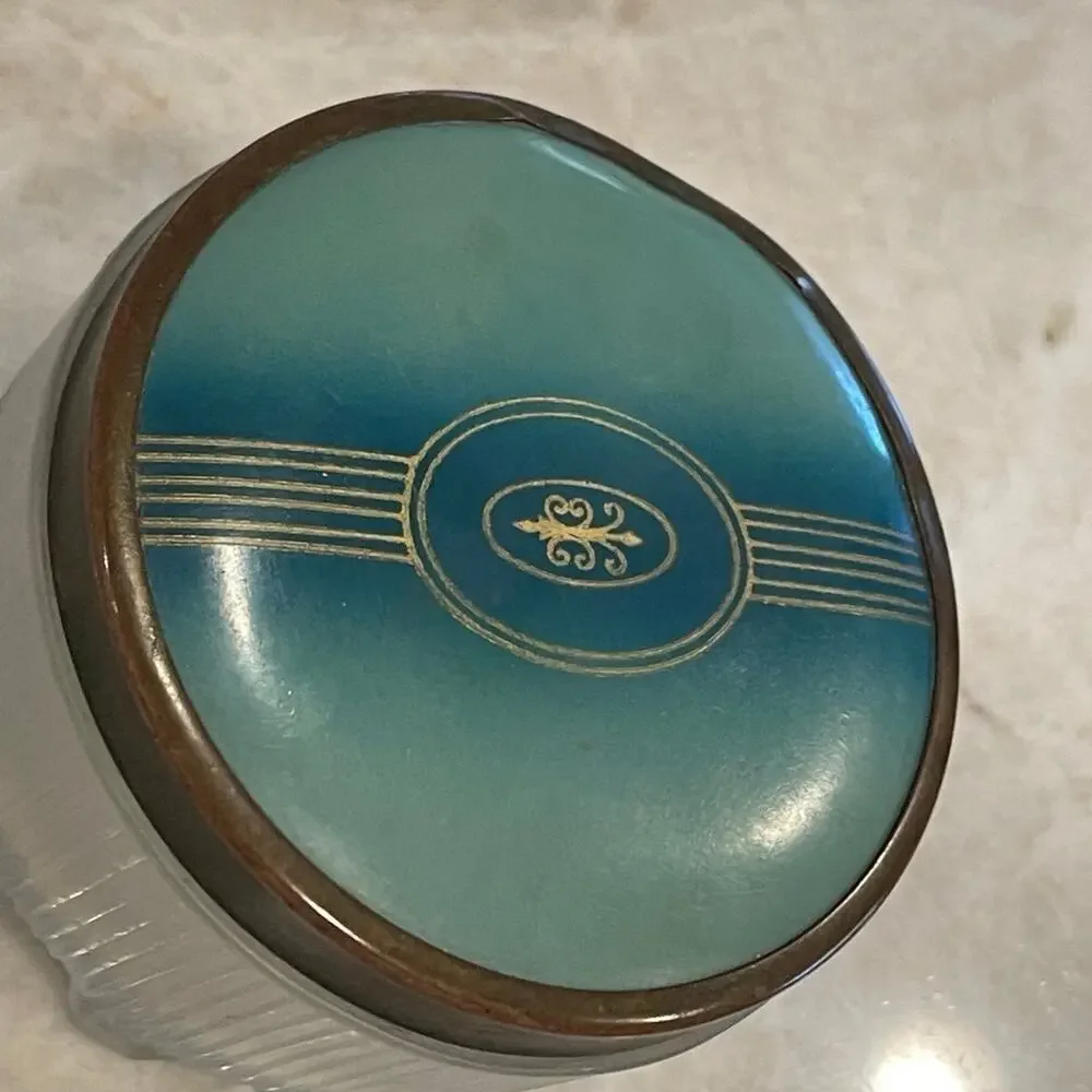 Vintage 50’s Powder jar teal lid brass trim